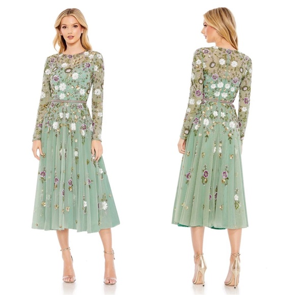 Mac Duggal 5716 Sequined Floral Long Sleeve High Neck Midi Dress Size 10 - Picture 1 of 6